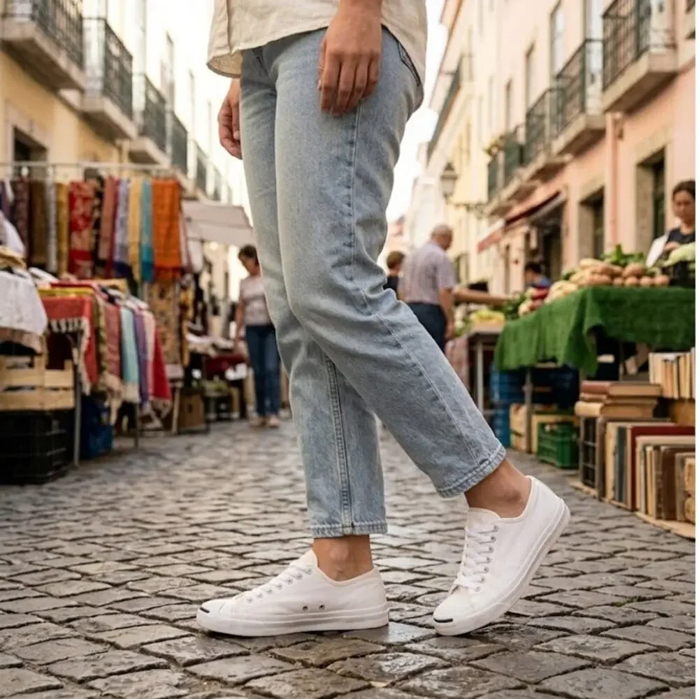 Converse Jack Purcell Low Top White Canvas Sneakers Mens 9.5 Womens 11 Smile Toe